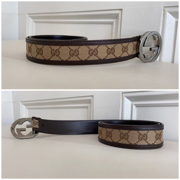 Authentic GUCCI Brown Monogram Canvas Leather Silver Interlocking G Buckle Belt main image 12